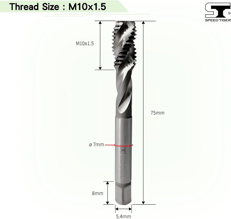 SPEED TIGER TSM_M10x1.5 HSS Spiral Flute Taps, Metric M10x1.5mm H3 Tolerance, Uncoated 3 Straight Flutes – Made in Taiwan (2 Pieces, M10x1.5) - Image 1